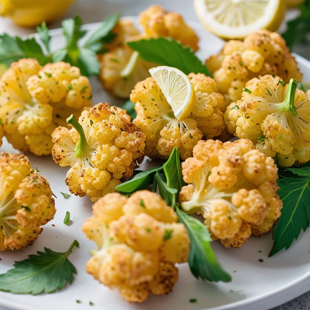 Crispy golden cauliflower bites arranged on a white plate with lemon wedges and fresh parsley.