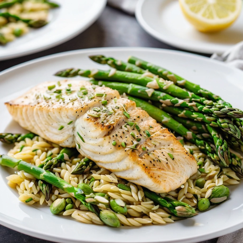 Golden orzo pasta with tender asparagus and juicy lemon pepper chicken served on a white plate.