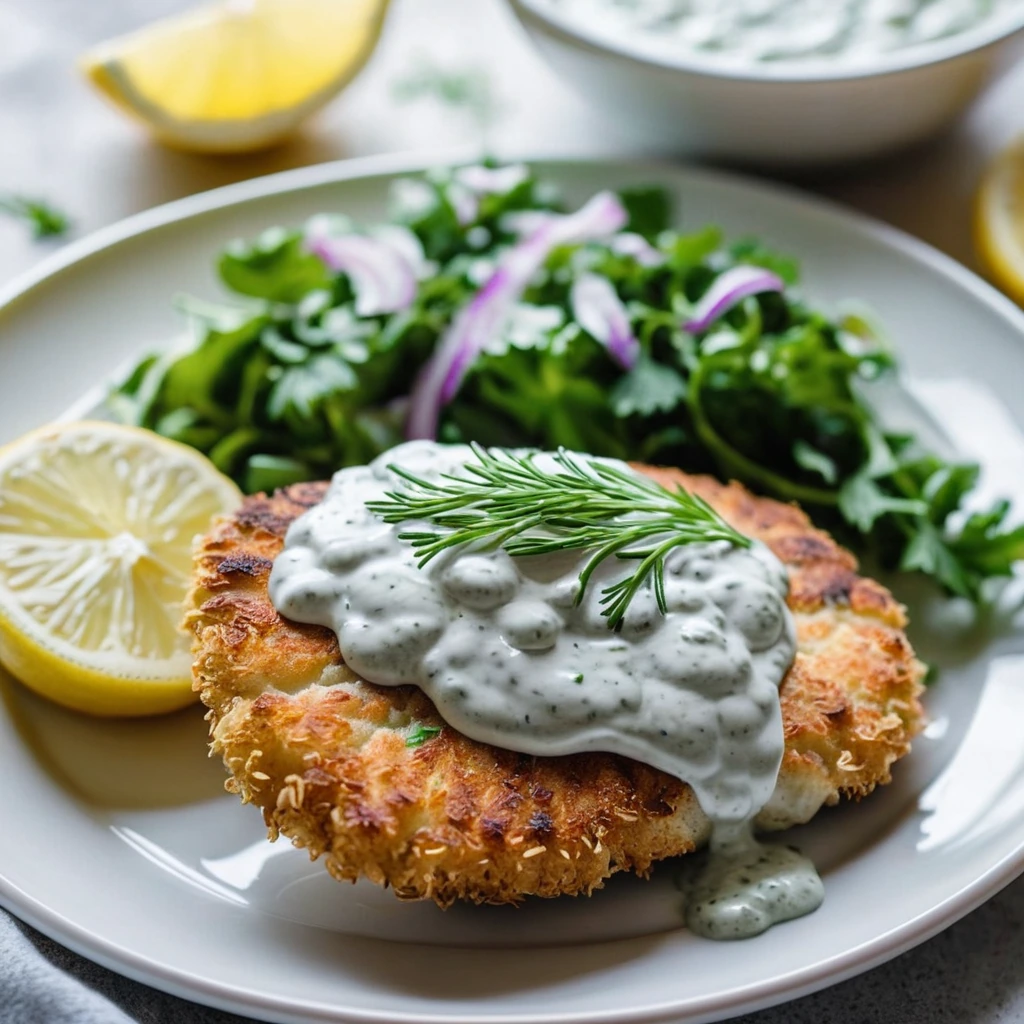 Golden chicken cutlets on a white plate with a drizzle of vibrant green dill yogurt sauce.