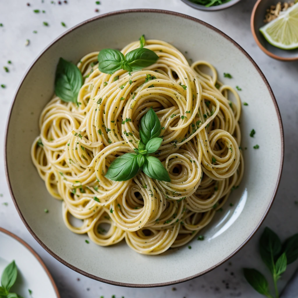 Golden noodles in a glossy butter sauce, sprinkled with fresh parsley and cracked black pepper.