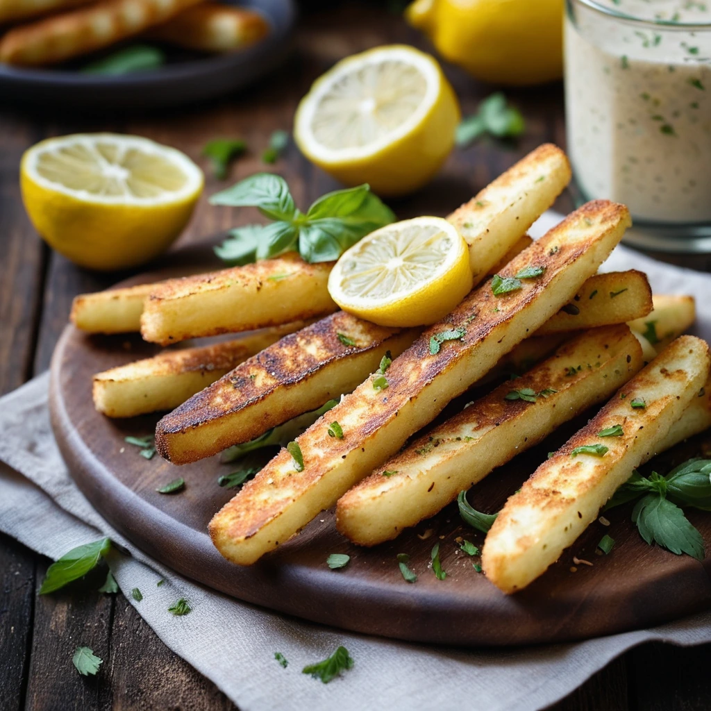 Golden brown halloumi fries dusted with lemon pepper served on a rustic wooden board.