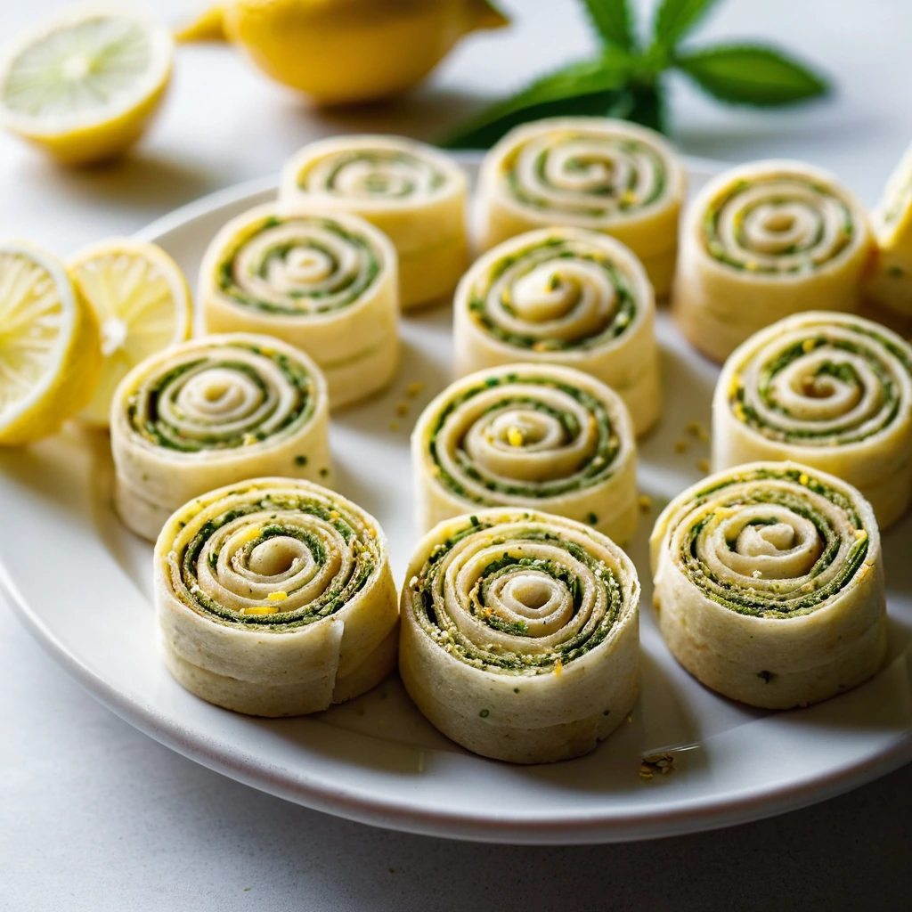 Golden brown pinwheels arranged on a platter with a sprinkle of lemon pepper