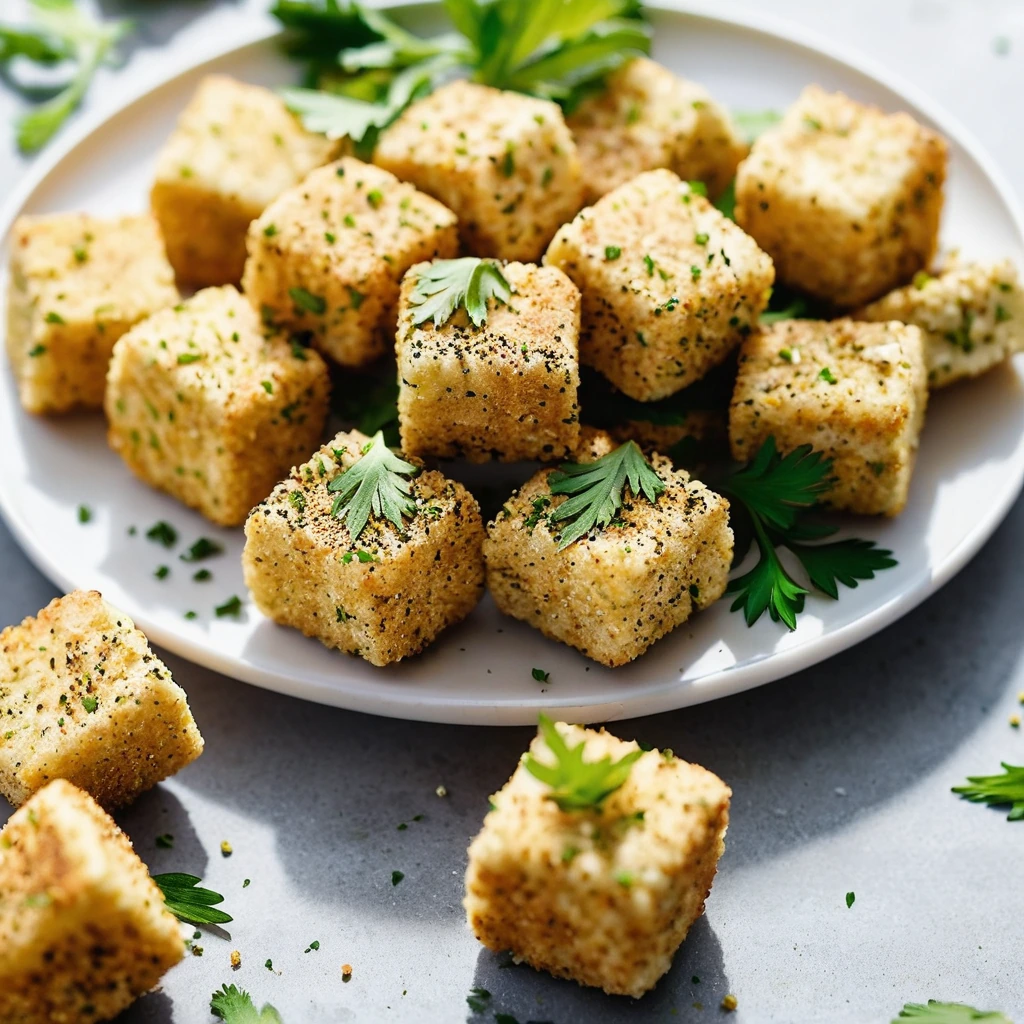 Golden tofu nuggets dusted with lemon pepper, arranged on a white plate with a sprinkle of fresh parsley.