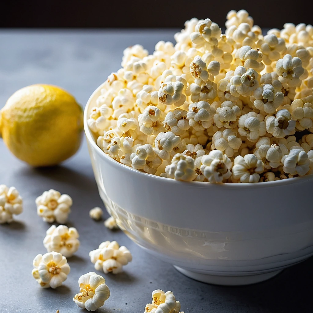 golden popcorn in a large white bowl sprinkled with lemon zest and drizzled with butter