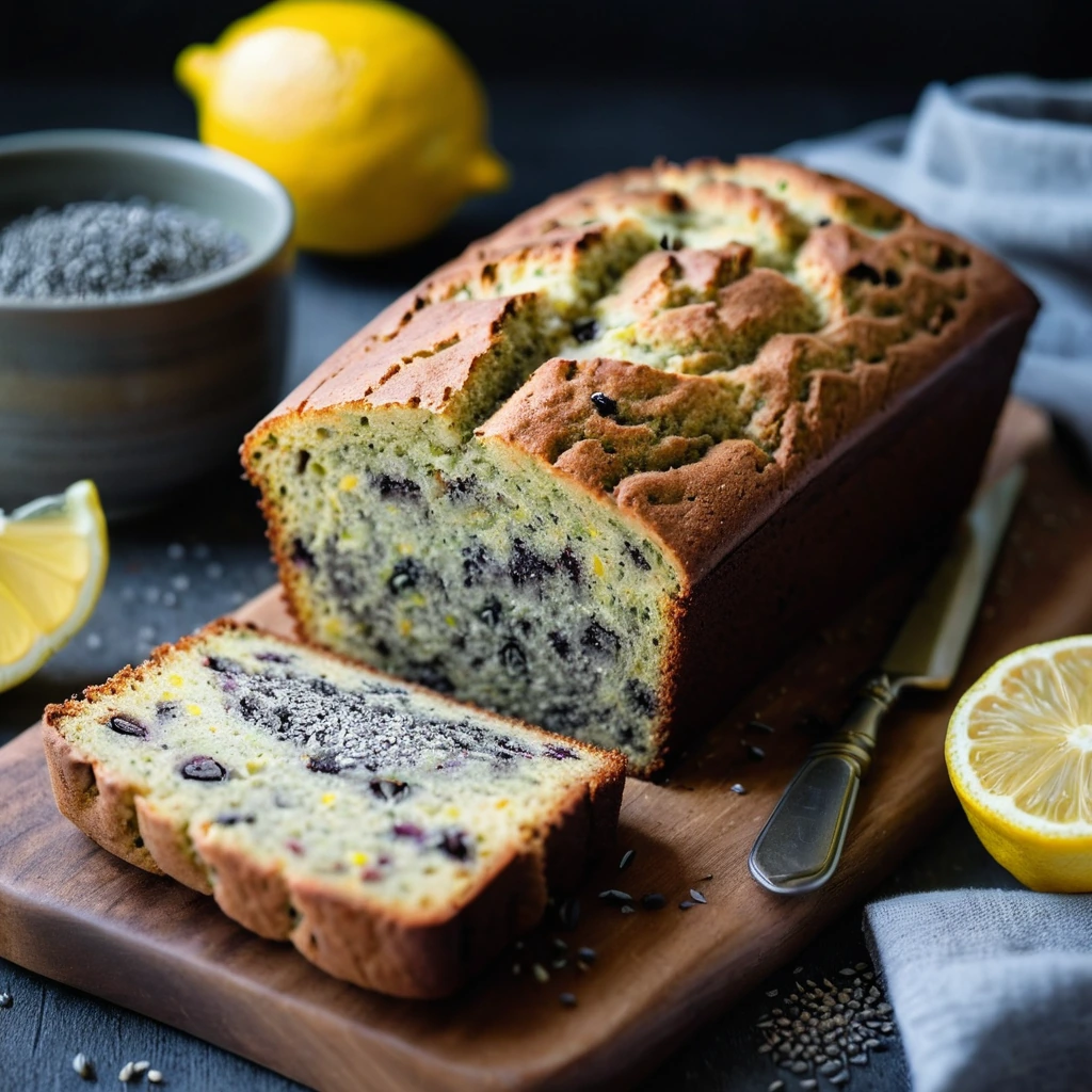 Golden loaf of lemon poppy seed bread on a rustic wooden board, sprinkled with a few extra poppy seeds.