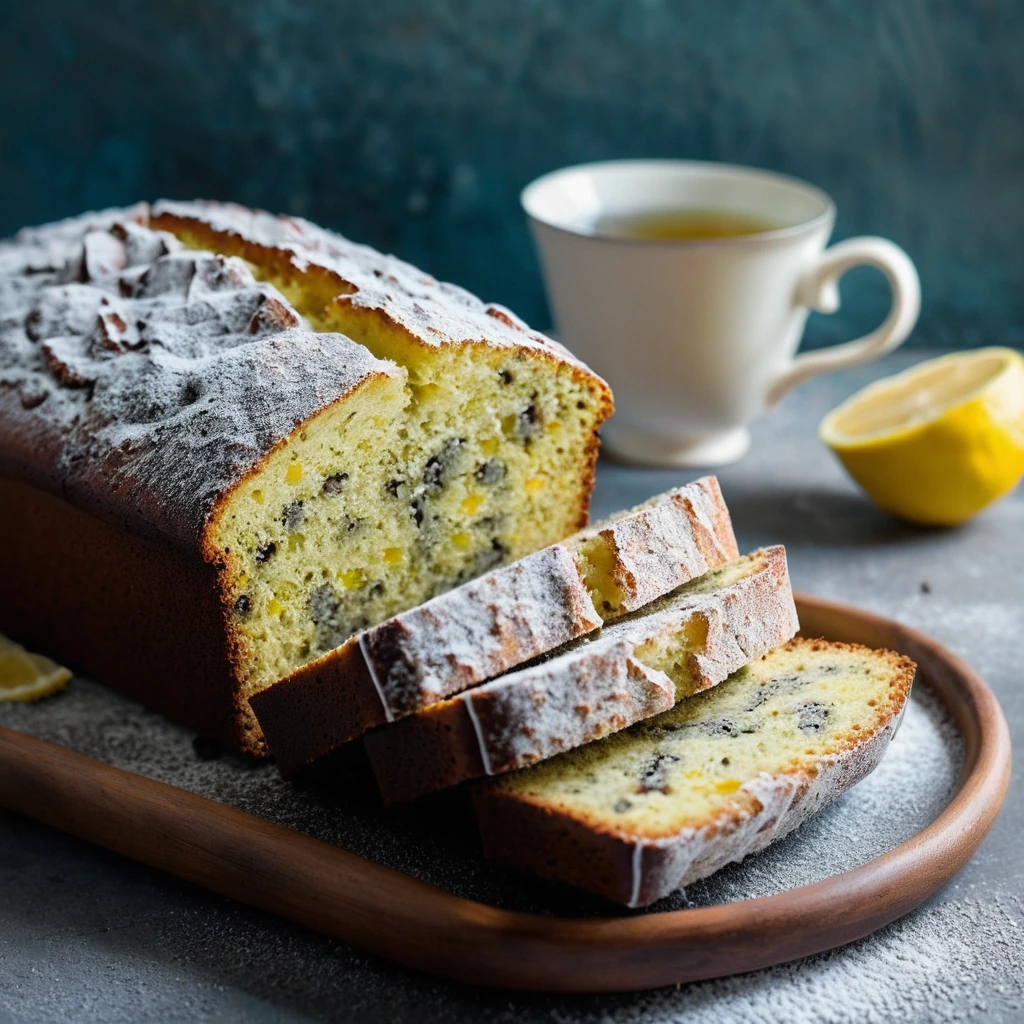 Golden loaf dusted with powdered sugar, sliced to reveal moist lemon-speckled interior.