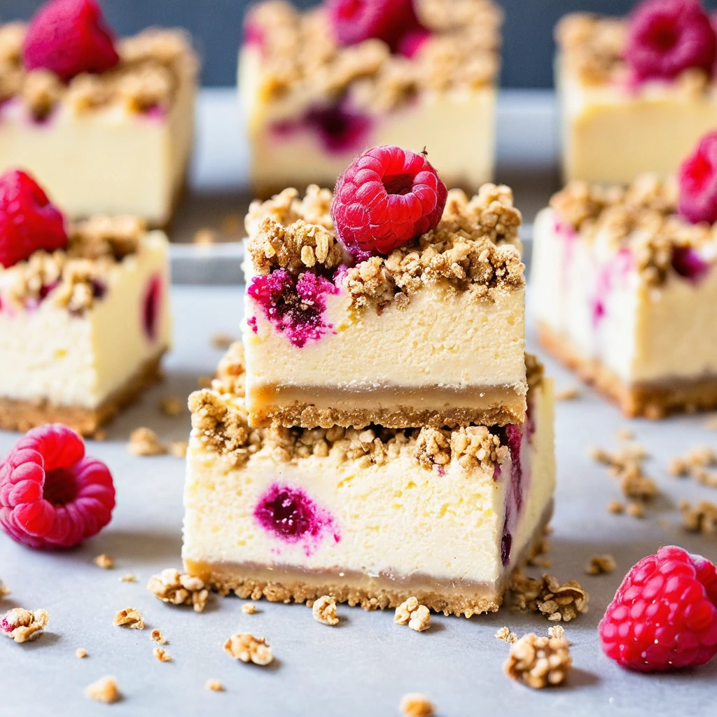 Golden cheesecake bars speckled with raspberry swirls and topped with a golden brown crumble.