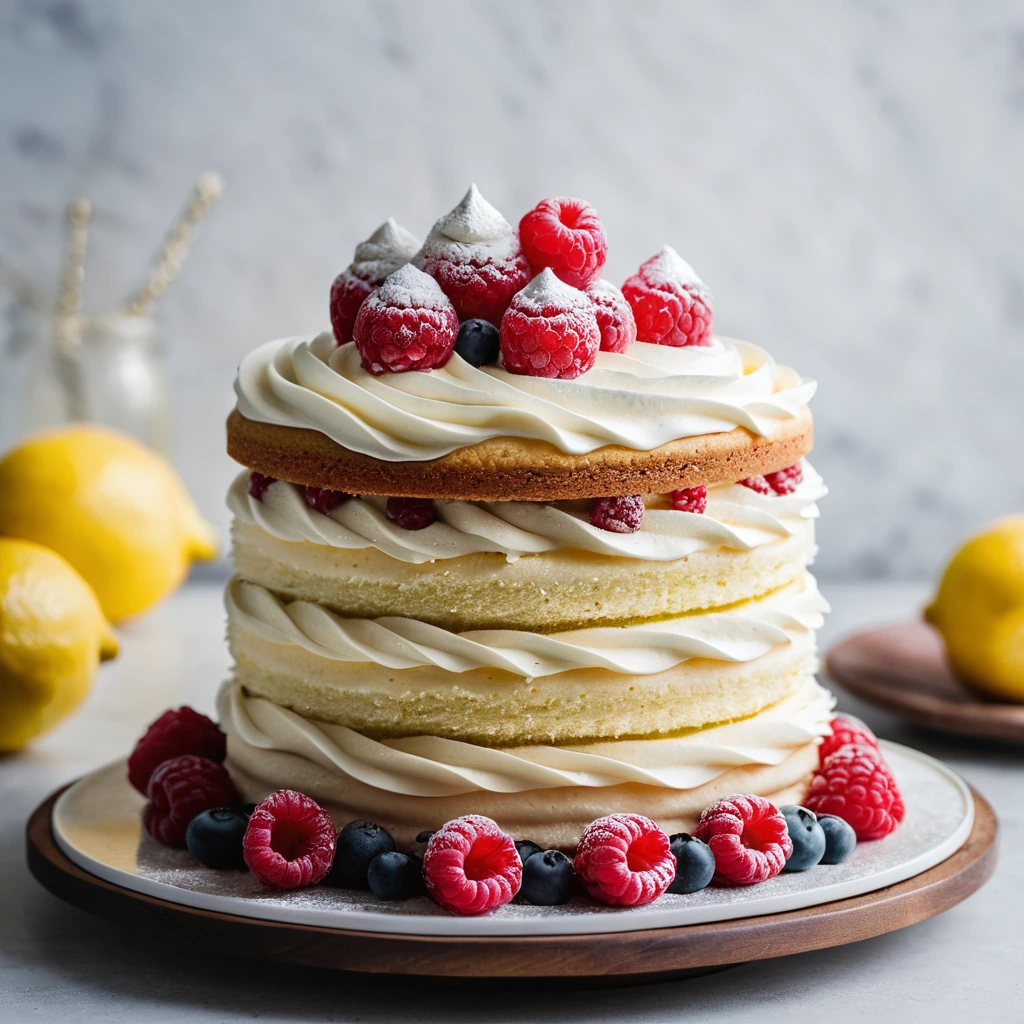 A three-layer lemon cake with raspberry filling and swirled cream cheese frosting on top, garnished with fresh raspberries.