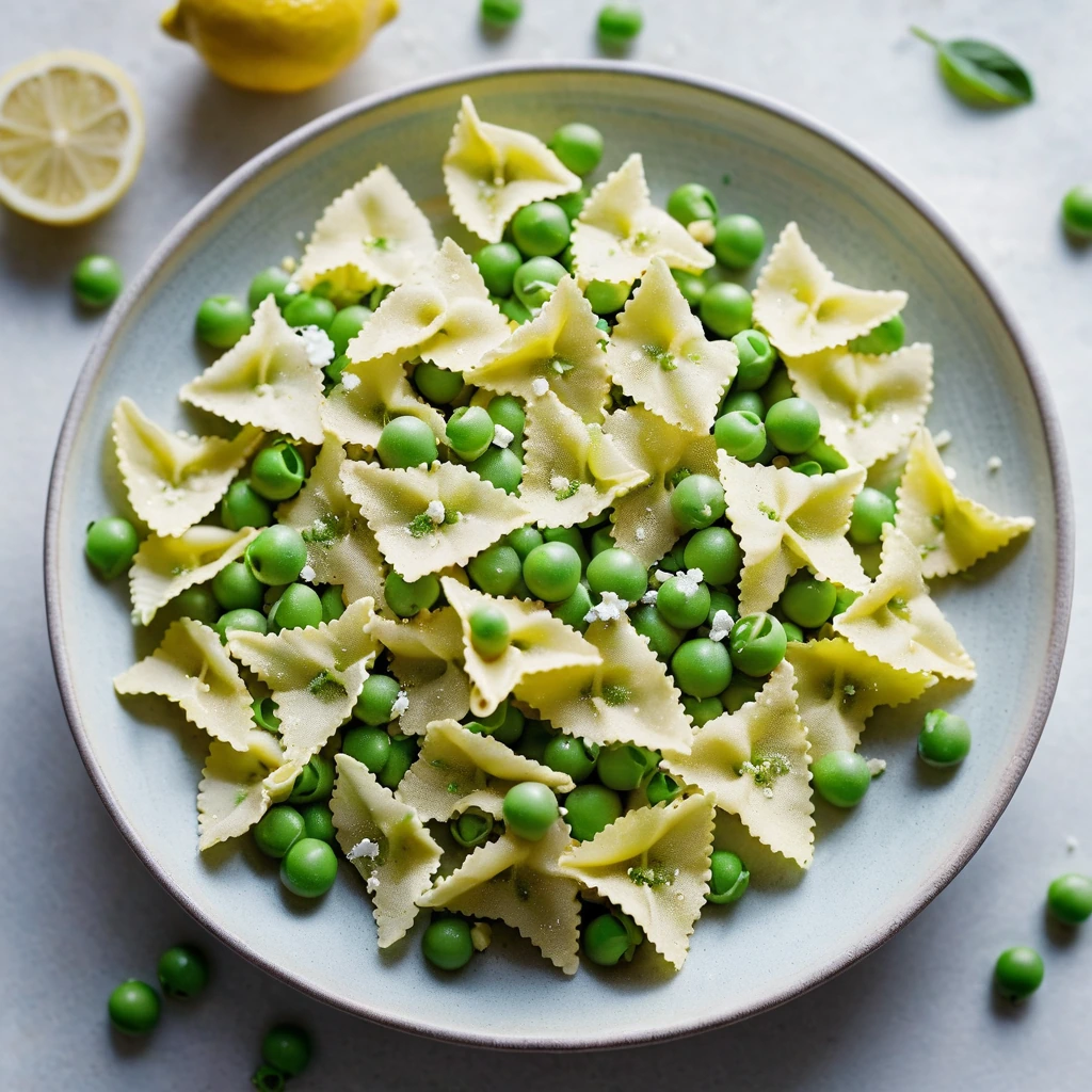 Bright green peas scattered over lemon-hued farfalle pasta, dotted with white ricotta and fresh basil leaves.