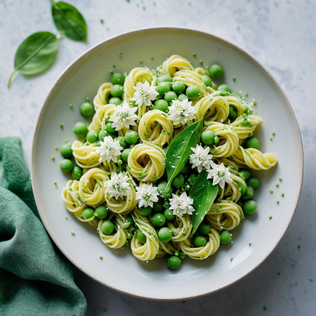 A bowl of vibrant green pasta with peas and ricotta, drizzled with lemon zest.