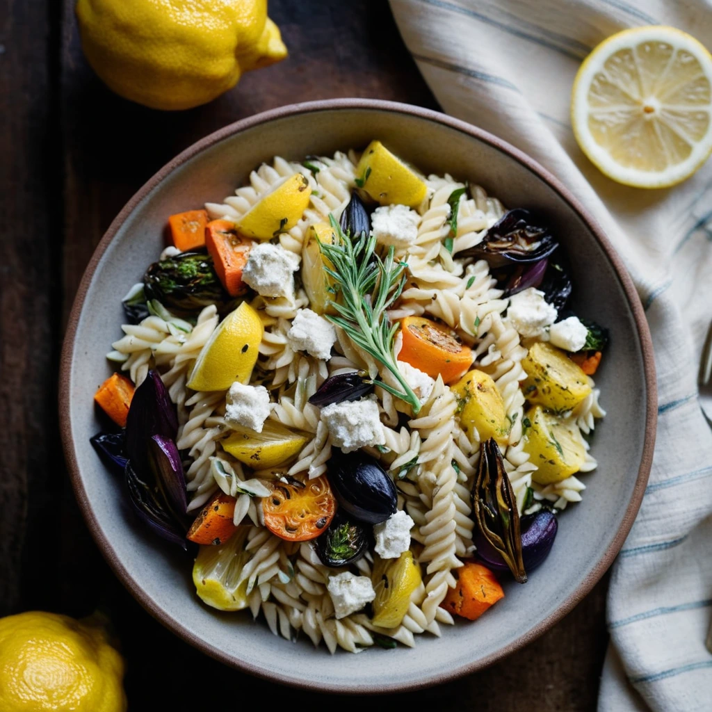Golden orzo pasta mixed with roasted vegetables, drizzled with lemon and creamy ricotta, served in a rustic bowl.