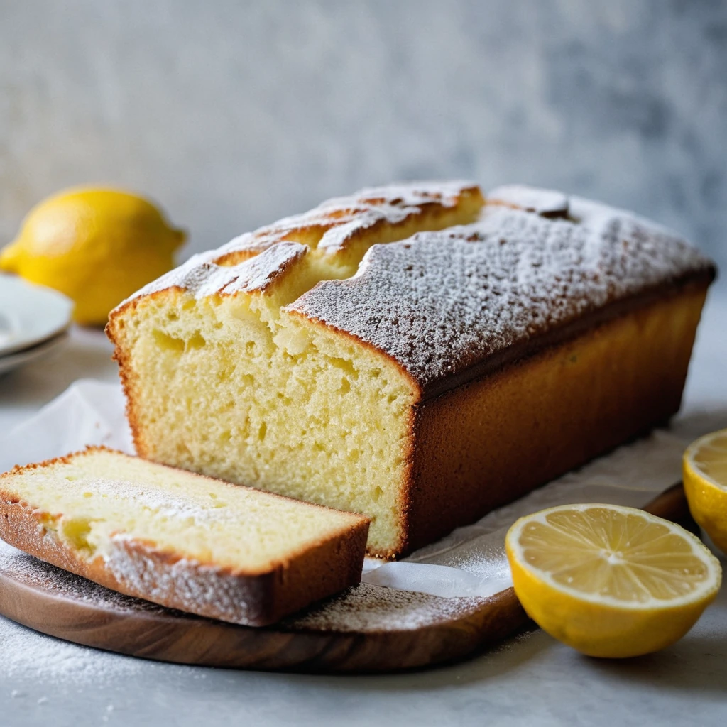 Golden loaf cake dusted with powdered sugar, sliced and revealing a tender crumb.