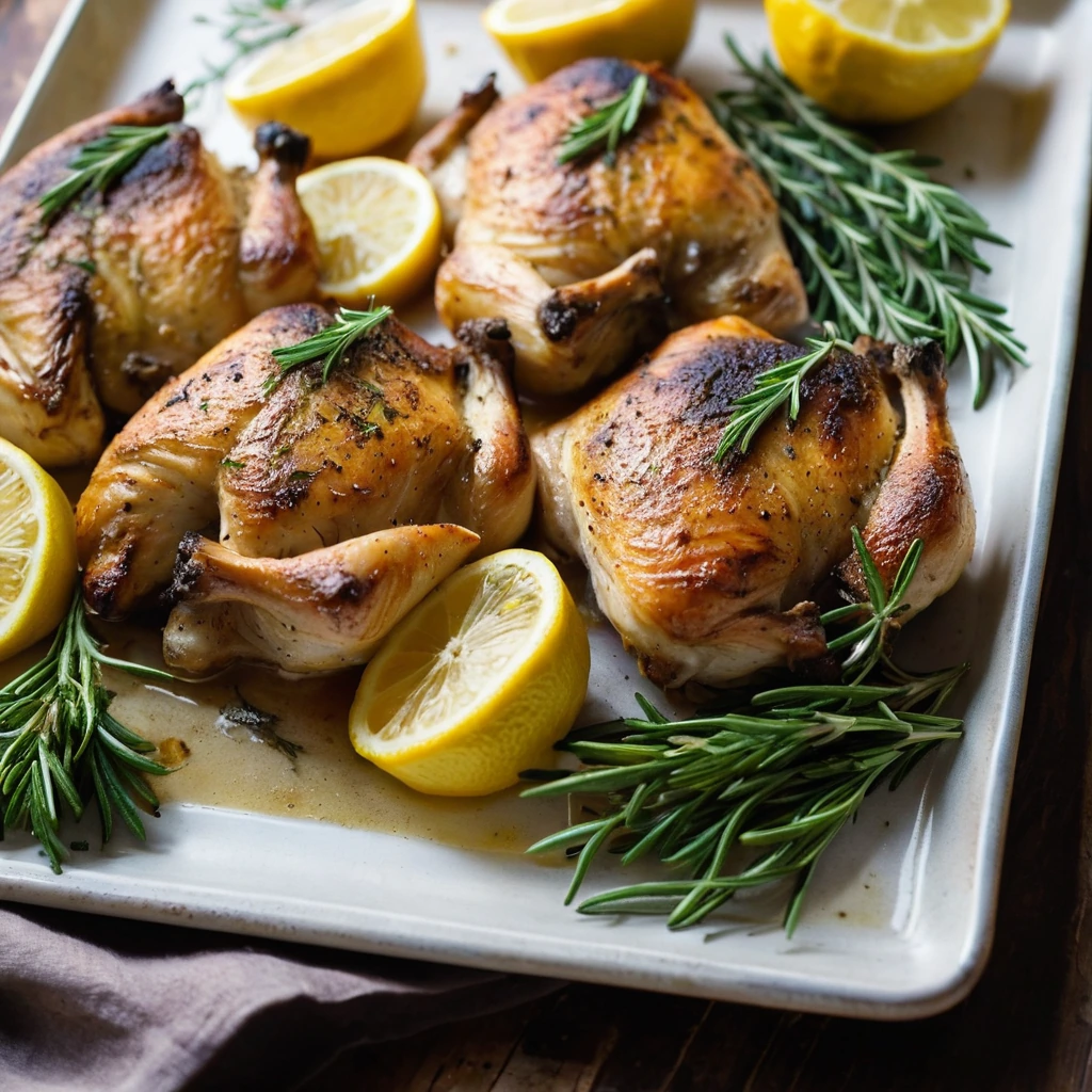 Golden roasted chicken thighs on a baking sheet, glazed with lemon and rosemary, served on a rustic wooden platter.