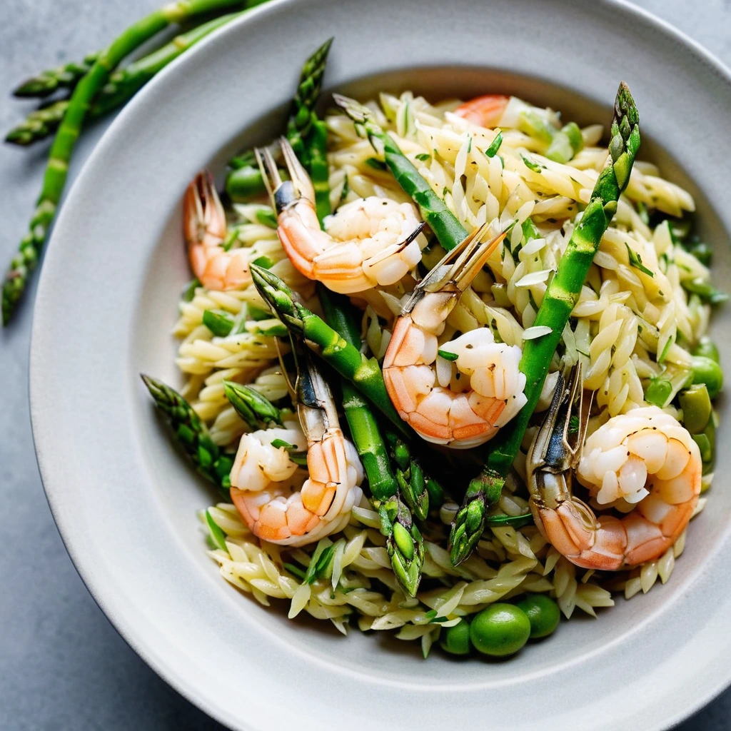 Colorful orzo pasta with shrimp and asparagus in a lemony sauce served in a white bowl.