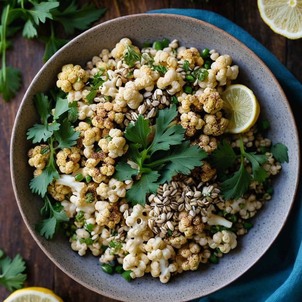 Golden roasted cauliflower over a bed of colorful grains, drizzled with a bright lemon tahini sauce and sprinkled with fresh parsley.