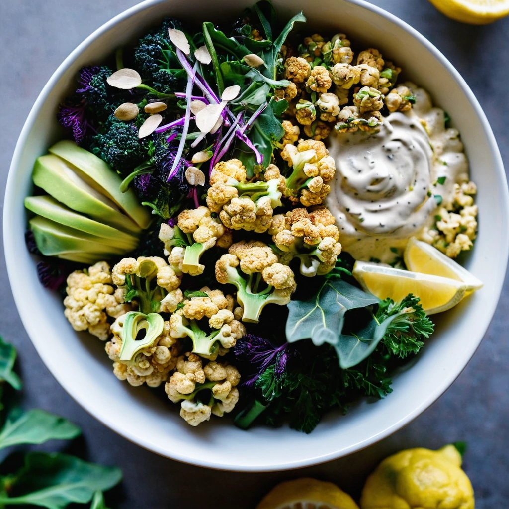 Colorful bowl with golden roasted cauliflower, greens, and tahini drizzle.