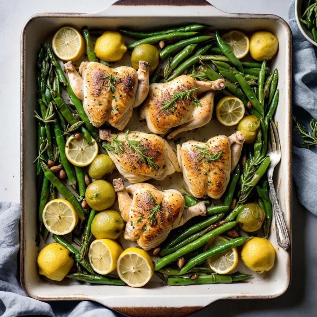 Golden roasted chicken pieces with crispy potatoes and vibrant green beans, drizzled with lemon.