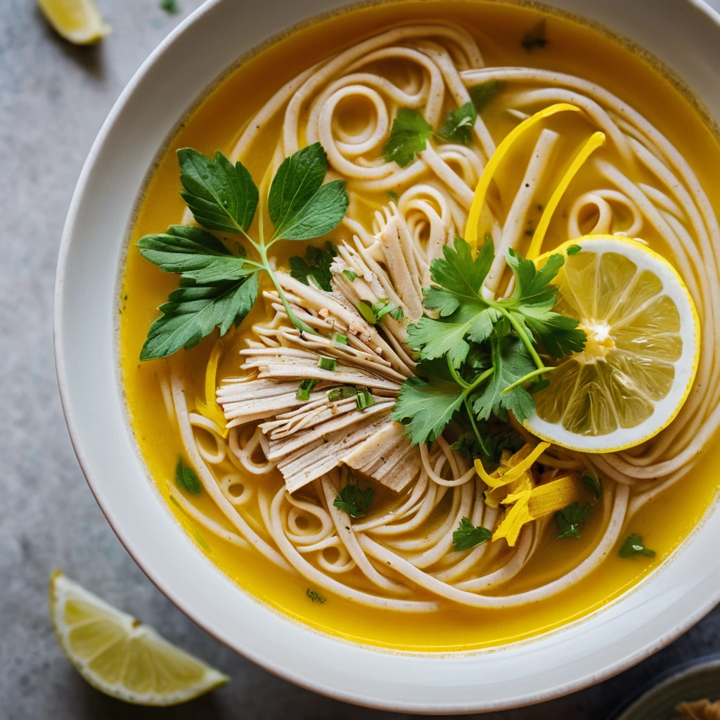 Golden soup in a bowl with shredded chicken, noodles, and a lemon slice garnish