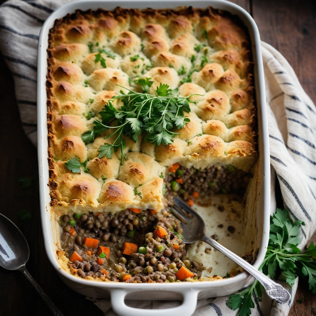 Rustic pie with golden mashed potato topping in a rectangular baking dish, garnished with fresh parsley.