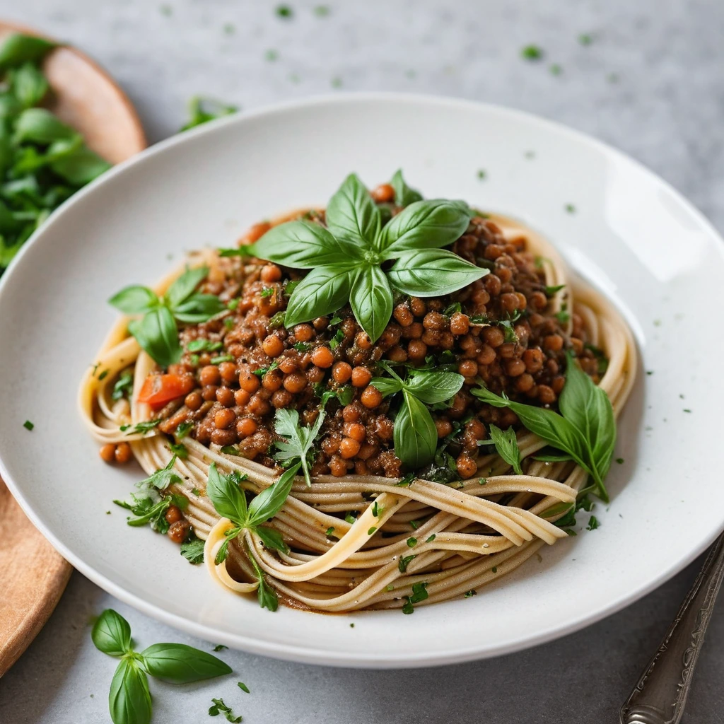 Bowl of pasta topped with dark brown lentil sauce, sprinkled with fresh herbs, served in a white bowl.
