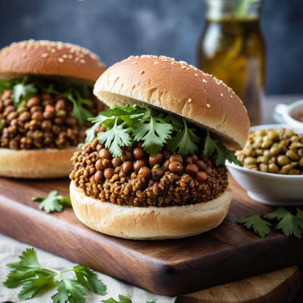 Rustic toasted hamburger buns piled high with a rich, earthy lentil mixture, garnished with fresh parsley.