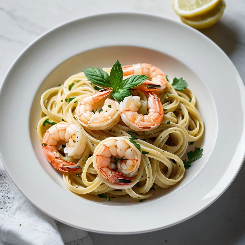 Golden linguine twirled with shrimp in a glossy lemon butter sauce, garnished with parsley on a white plate.