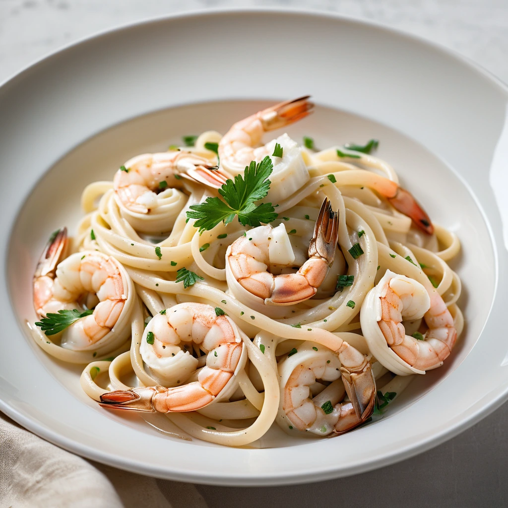 Golden shrimp atop twirls of linguine in a creamy white sauce, sprinkled with fresh parsley.