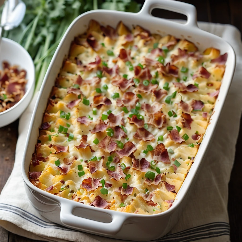 golden casserole dish filled with bubbly, cheesy potatoes topped with crumbled bacon and chives