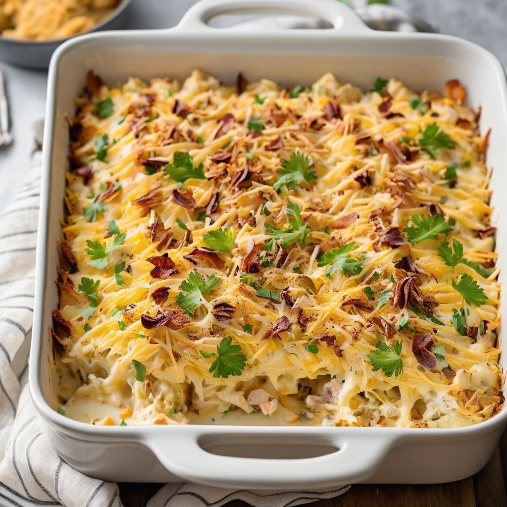Golden casserole dish filled with layers of shredded chicken, fluffy potatoes, melted cheddar, and crispy bacon.