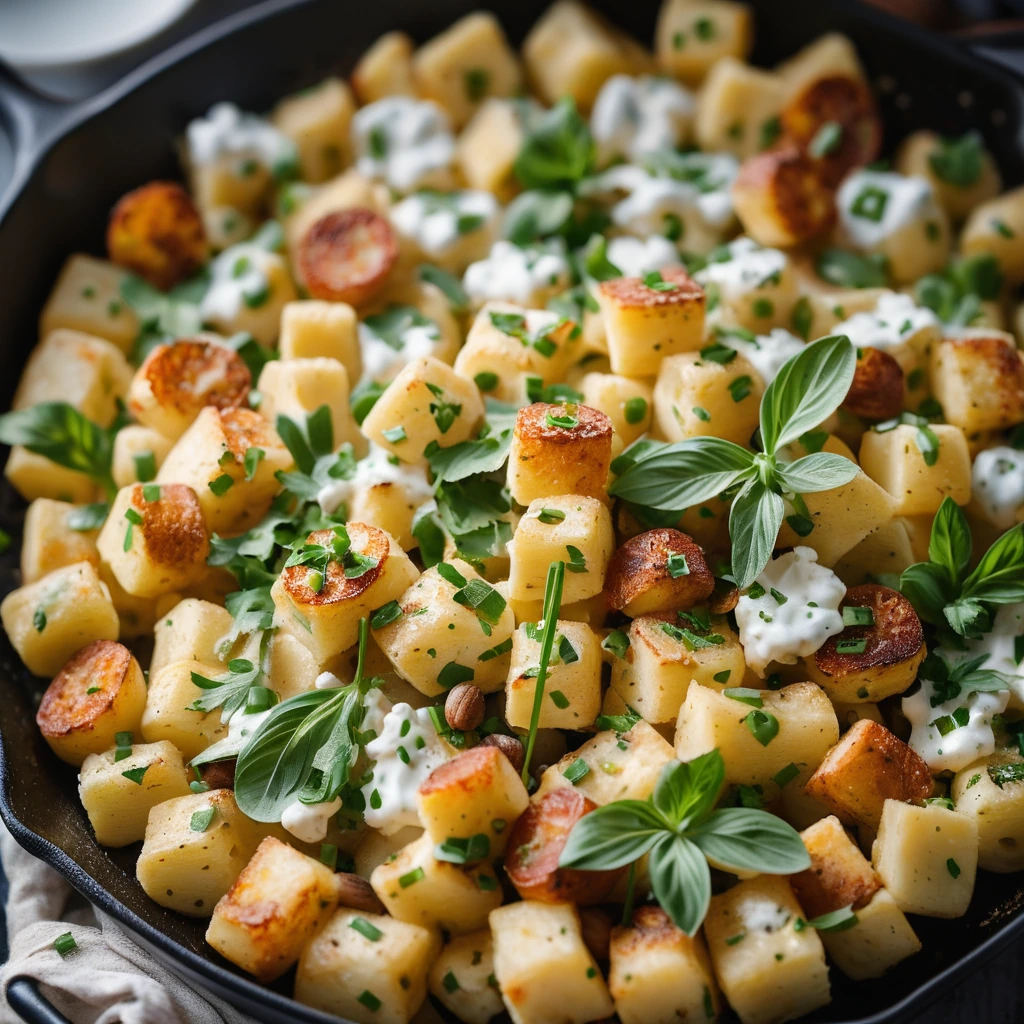 Golden gnocchi in a creamy skillet topped with melted cheddar, crispy bacon, green onions, and chives.