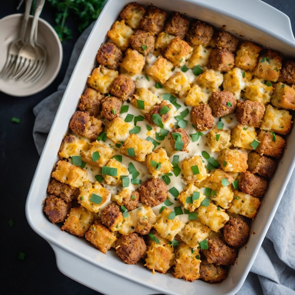 A rectangular baking dish filled with golden tater tots, sausage, scrambled eggs, and melted cheddar cheese, sprinkled with green chives.