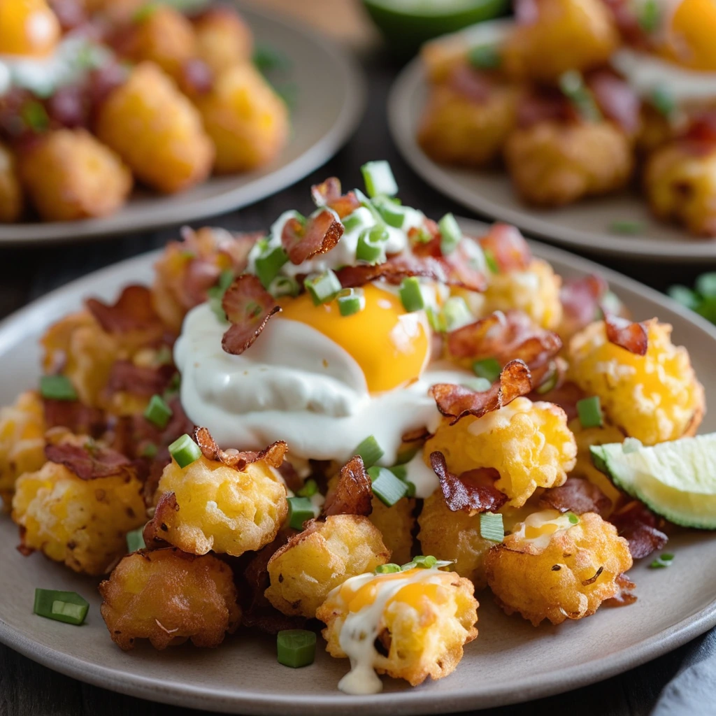 Layered tater tots with melted cheese, scrambled eggs, and crispy bacon arranged on a platter.