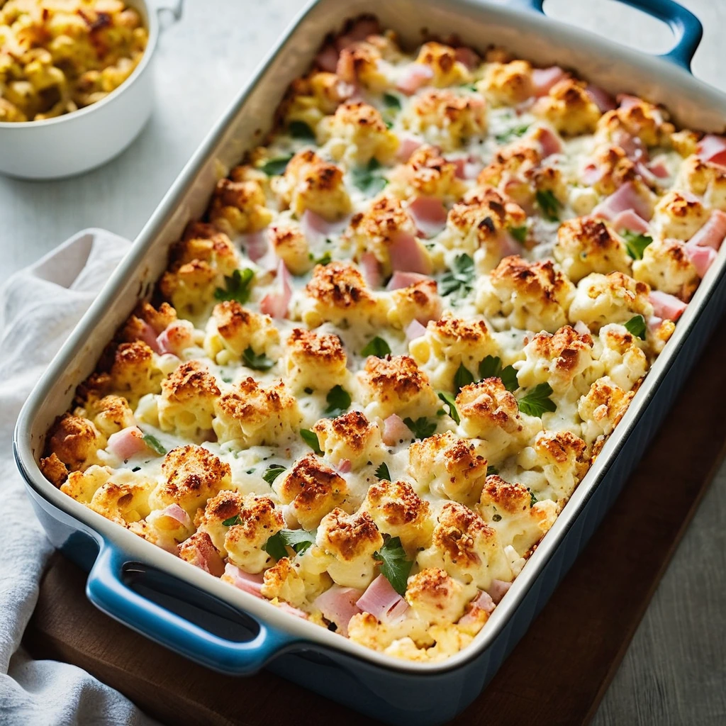 Golden bubbly casserole in a baking dish with melted cheese on top and a sprinkle of paprika.