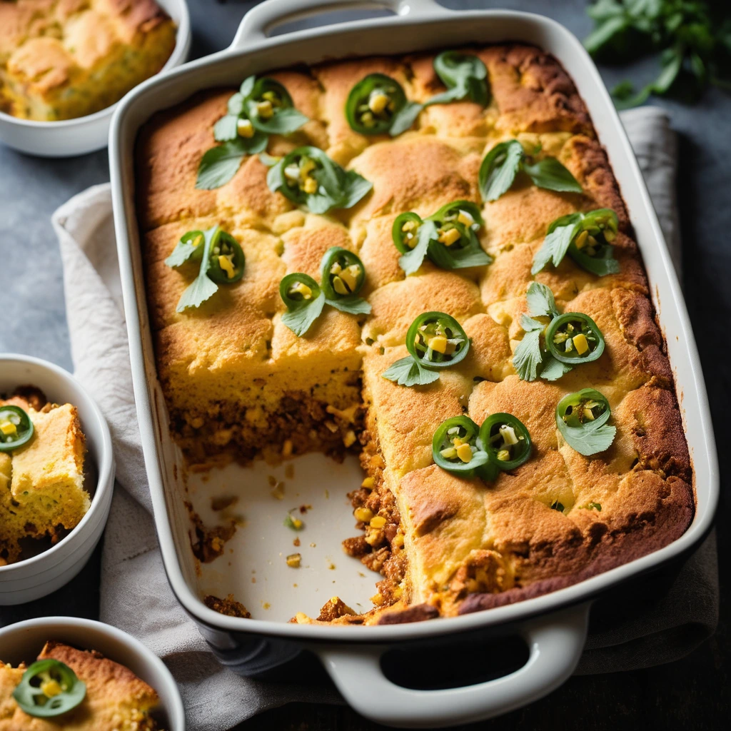 A bubbling casserole in a baking dish with golden cornbread topping, melted cheese peeking through, and a sprinkle of green onions on top.