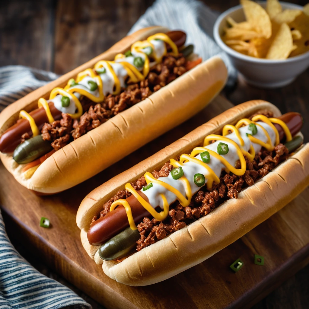 Split fries forming boats with hot dogs inside, topped with chili and melted cheese, served on a rustic wooden board.
