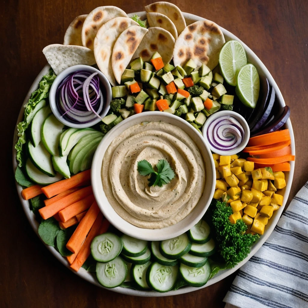 Colorful platter with hummus, assorted vegetables, and golden pita bread.