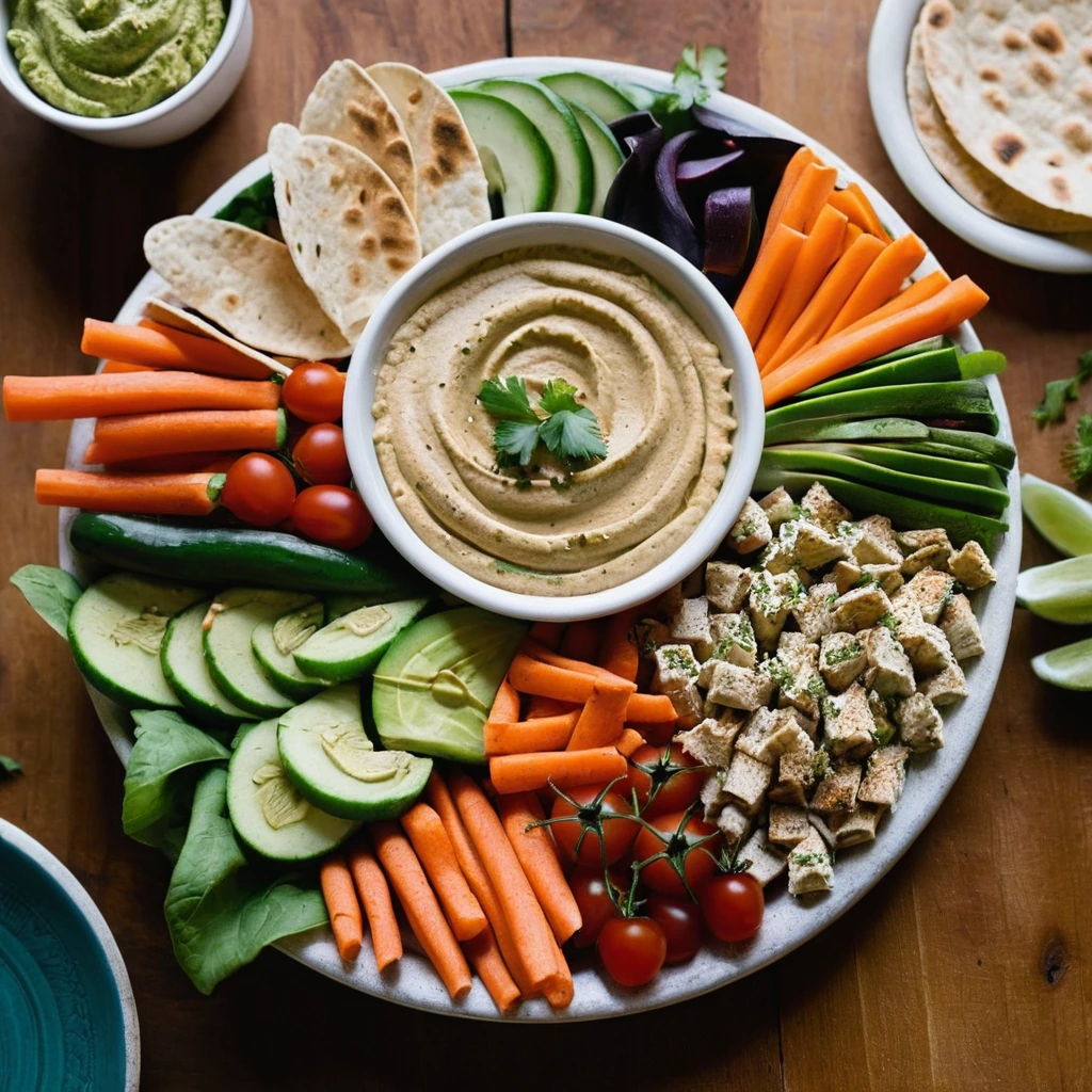 Colorful platter with hummus, sliced veggies, and golden pita bread.