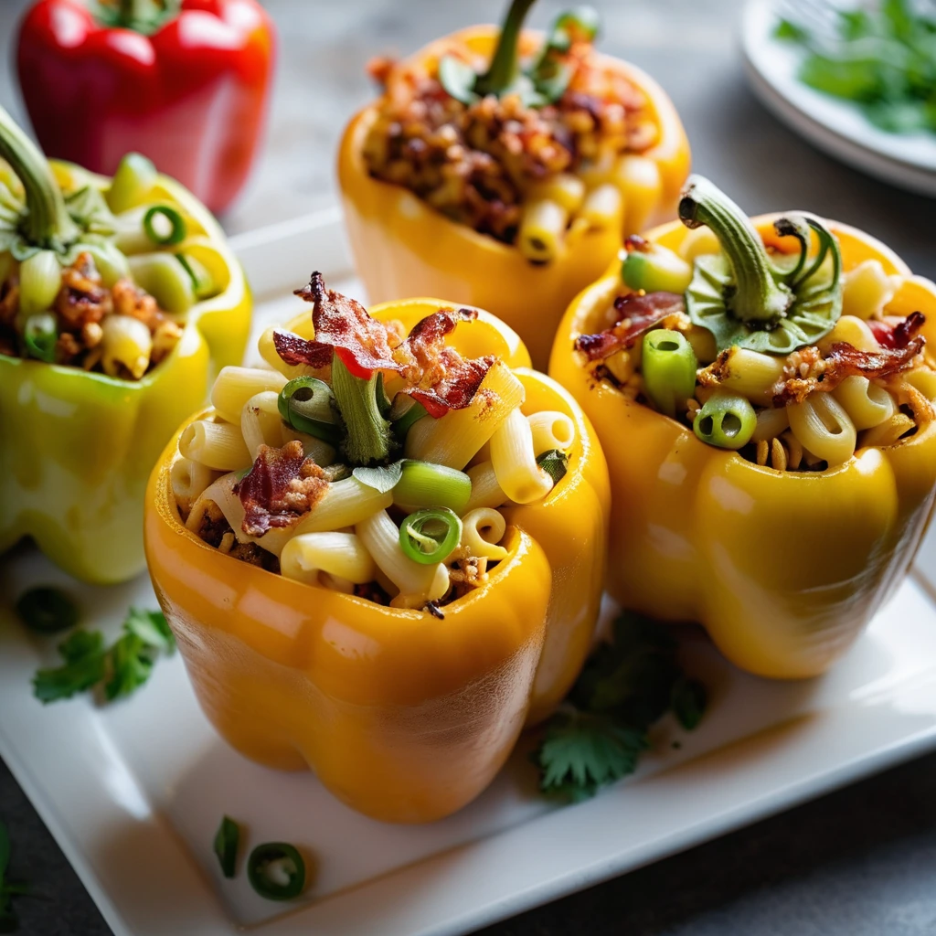 Four halved bell peppers filled with golden mac and cheese, topped with crumbled bacon and green scallions.