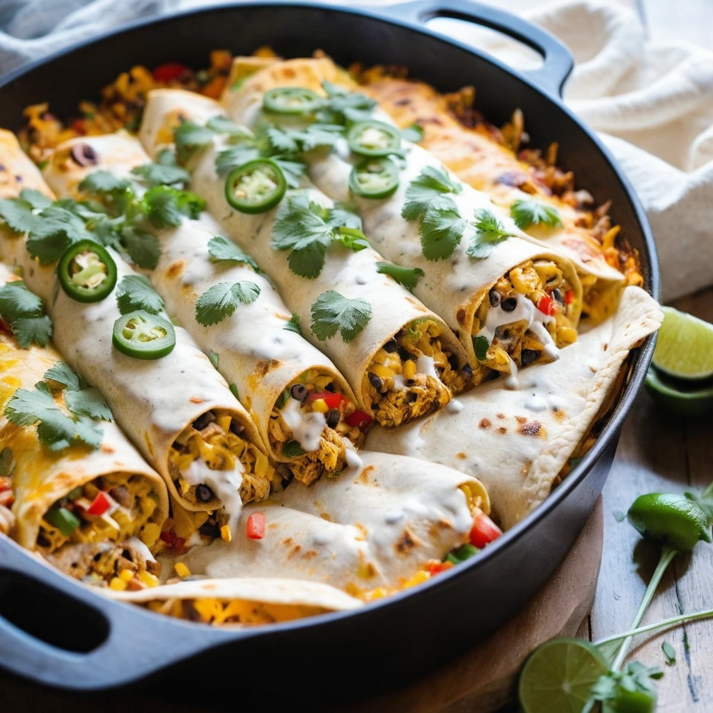 A golden skillet overflowing with a cheesy, colorful burrito bake topped with fresh cilantro.