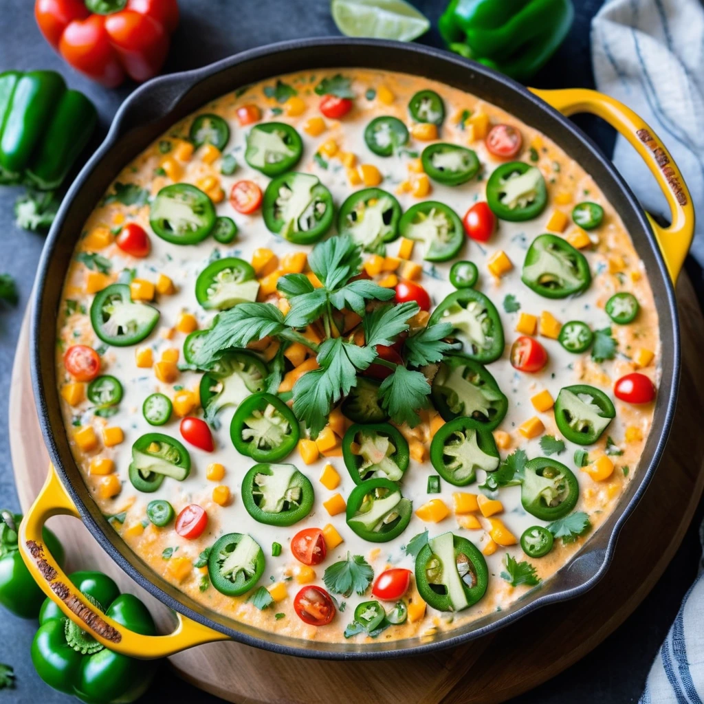 A sizzling skillet filled with orange-hued melted cheese, dotted with green bell peppers, onions, and tomatoes, sprinkled with fresh cilantro.