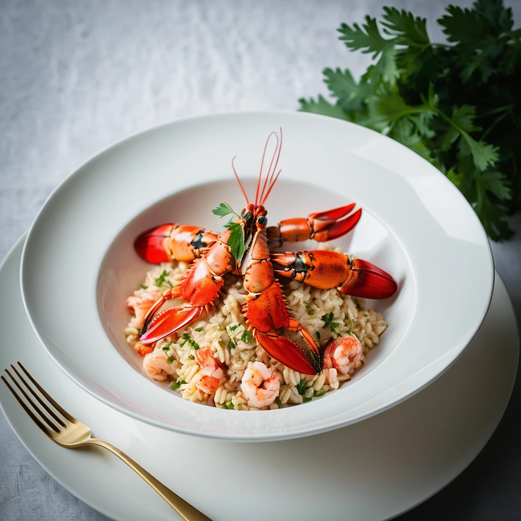 Golden risotto in a round white bowl with bright red lobster pieces on top, garnished with fresh parsley.