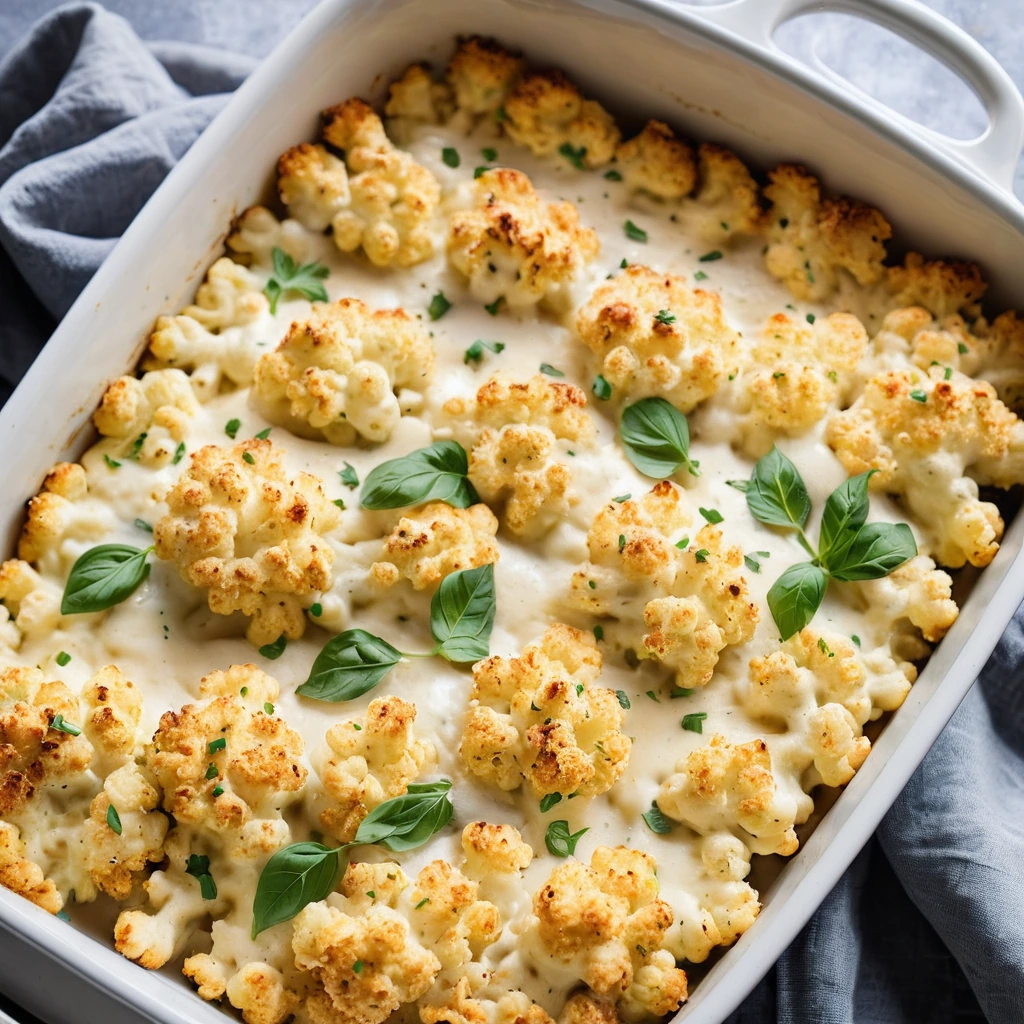 Crispy-topped casserole in a baking dish with melted cheese over chicken and cauliflower.