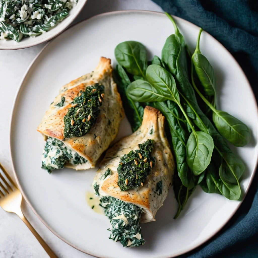 Golden baked chicken breasts stuffed with green creamy spinach, arranged on a serving platter.