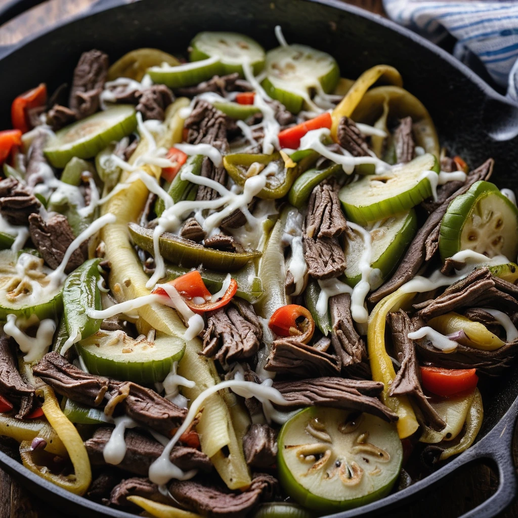 Colorful skillet with thinly sliced steak, melted cheese, and sautéed peppers and onions.