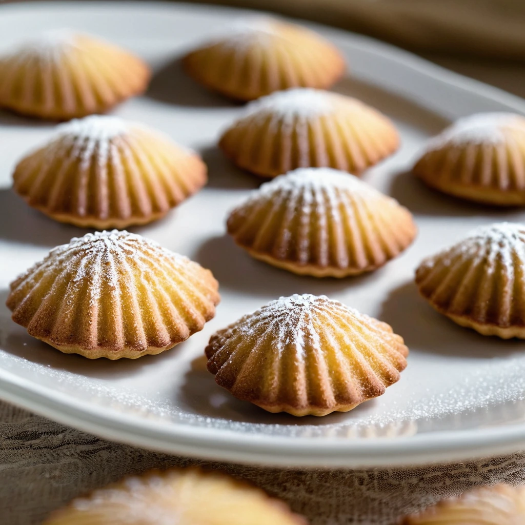 Golden brown madeleine cookies with a delicate texture arranged on a white plate.