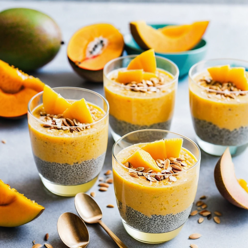 Four small cups of vibrant orange pudding topped with slices of mango and toasted coconut flakes.