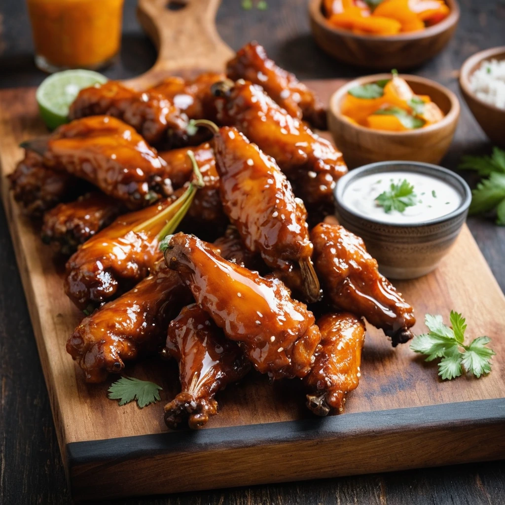 Golden chicken wings glazed with a vibrant orange-red sauce, arranged on a rustic wooden board.