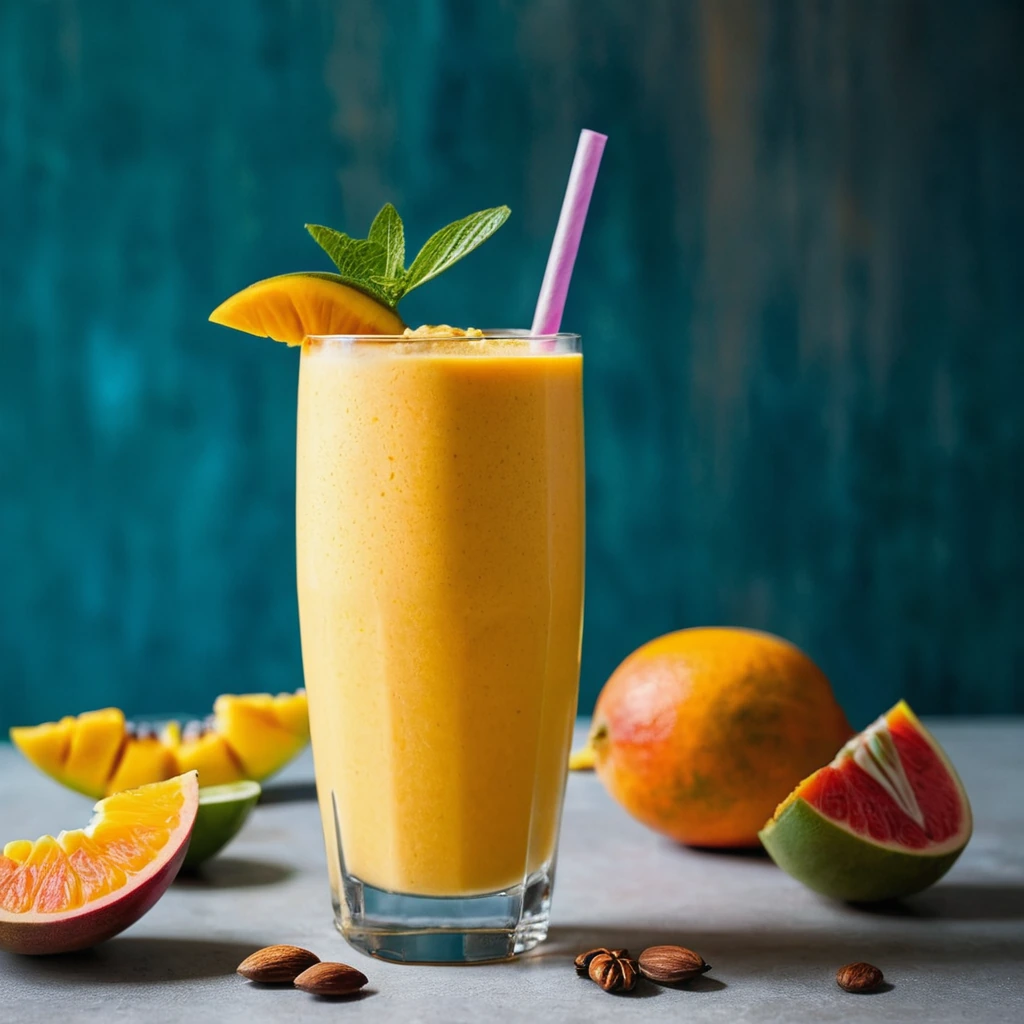 A tall glass of vibrant orange smoothie topped with a dusting of ground cardamom.
