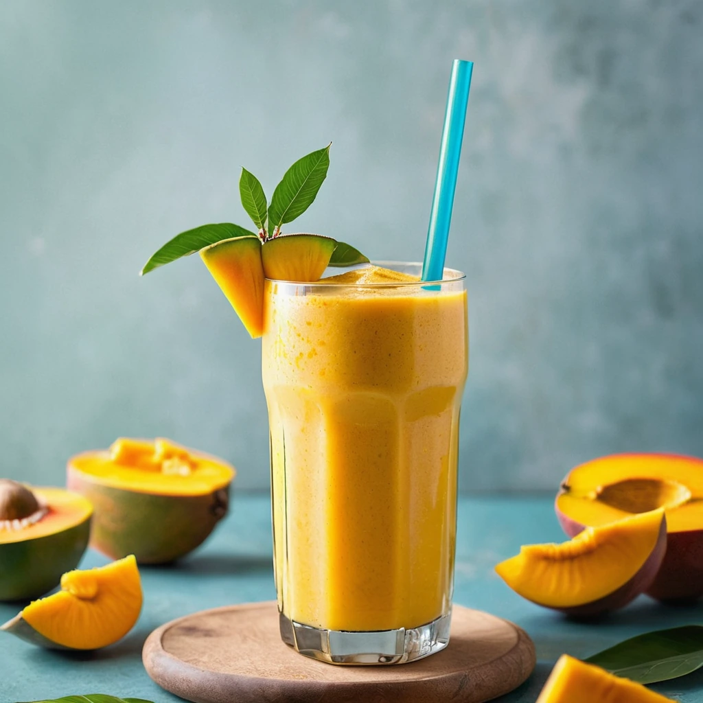 Bright orange smoothie in a tall glass with mango chunks and a sprinkle of turmeric on top