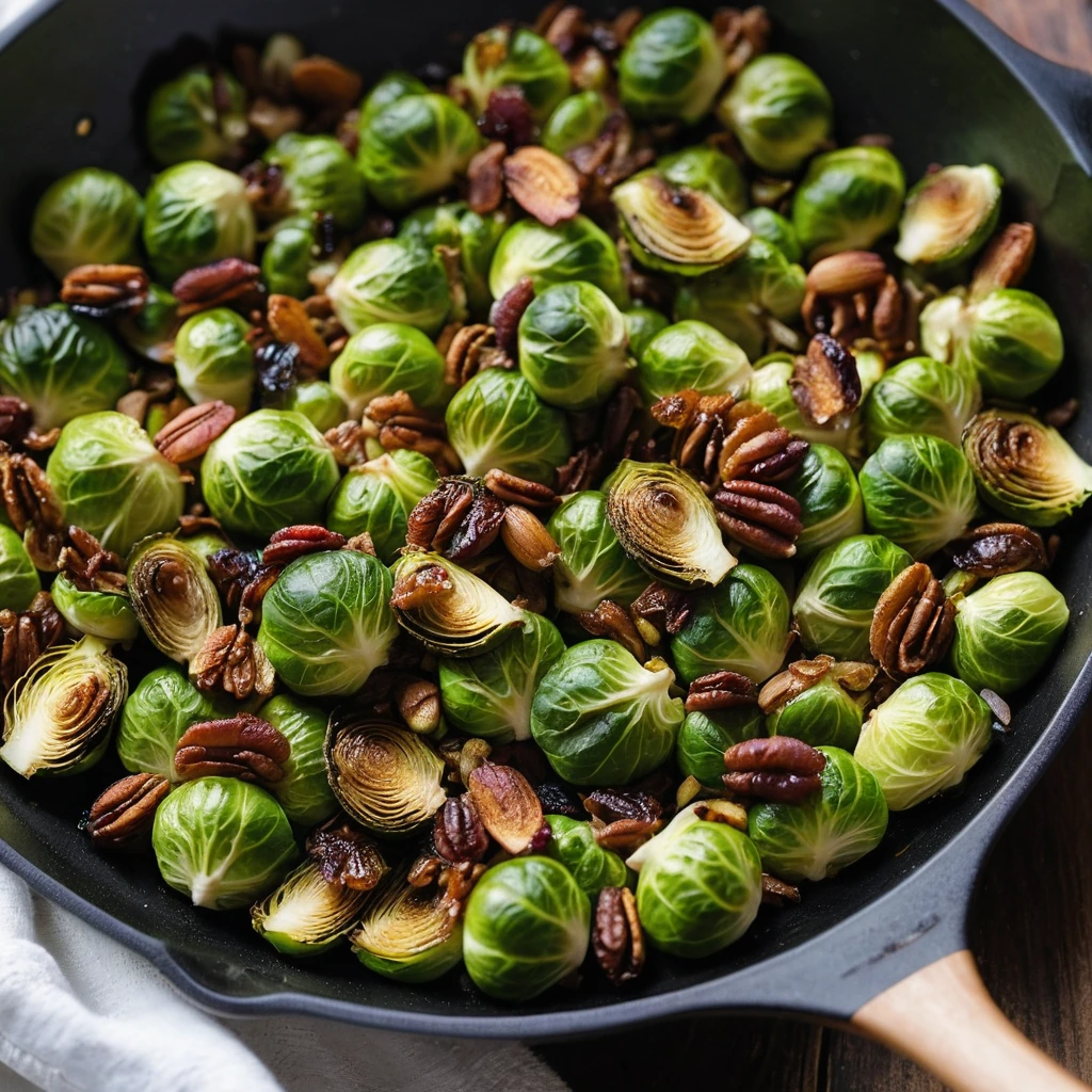 Golden brown brussels sprouts and crispy bacon pieces in a skillet with a drizzle of amber maple syrup.